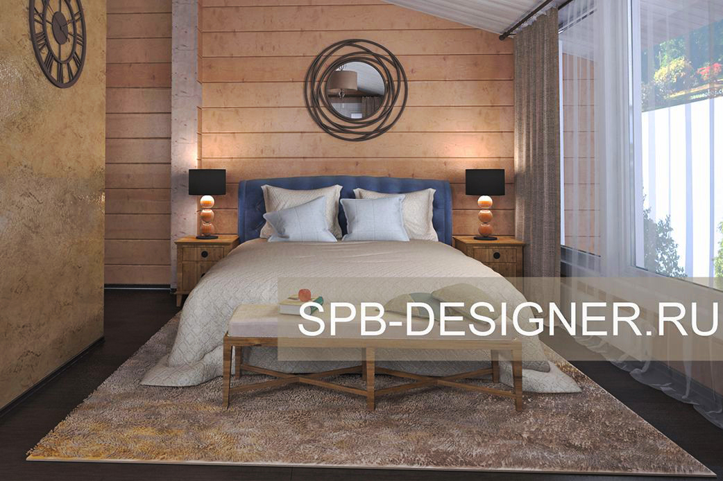 дизайн интерьера спальни в современном стиле в доме из бруса